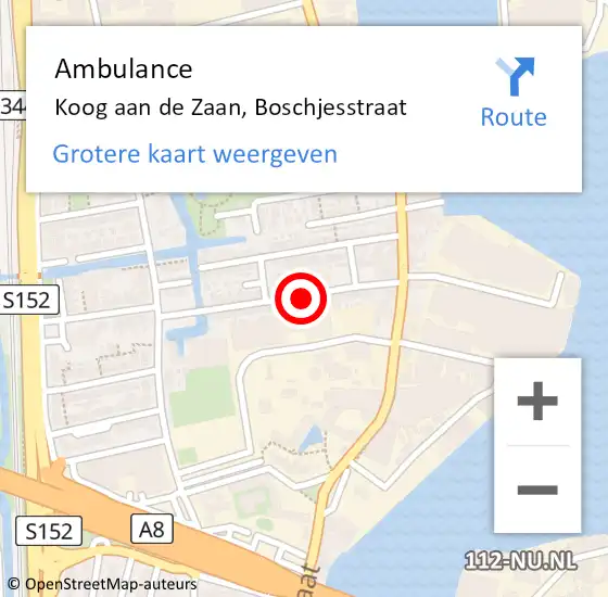 Locatie op kaart van de 112 melding: Ambulance Koog aan de Zaan, Boschjesstraat op 20 september 2024 08:41