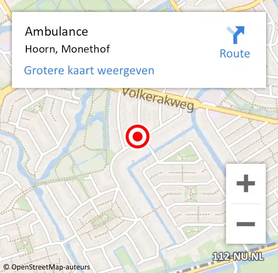 Locatie op kaart van de 112 melding: Ambulance Hoorn, Monethof op 20 september 2024 08:42