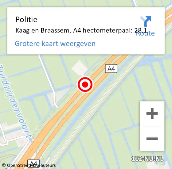 Locatie op kaart van de 112 melding: Politie Kaag en Braassem, A4 hectometerpaal: 28,1 op 20 september 2024 10:18