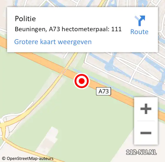 Locatie op kaart van de 112 melding: Politie Beuningen, A73 hectometerpaal: 111 op 20 september 2024 10:23