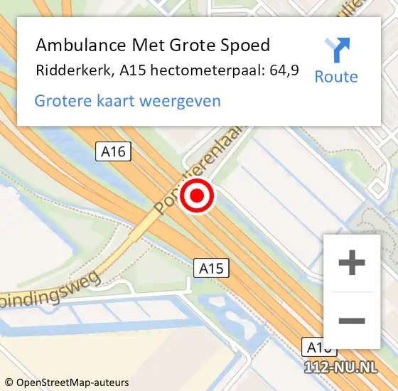 Locatie op kaart van de 112 melding: Ambulance Met Grote Spoed Naar Ridderkerk, A15 hectometerpaal: 64,9 op 20 september 2024 11:20