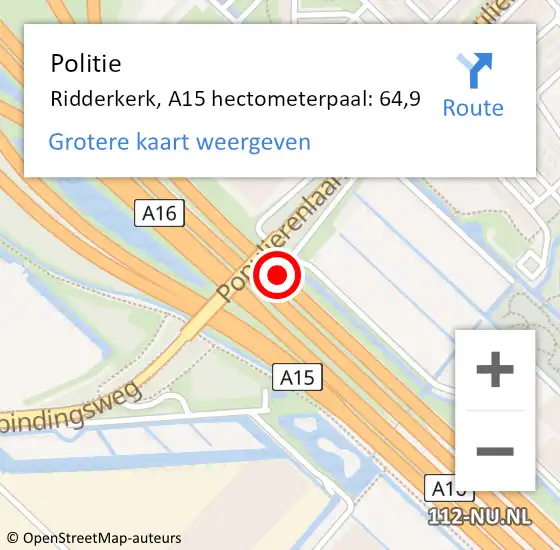 Locatie op kaart van de 112 melding: Politie Ridderkerk, A15 hectometerpaal: 64,9 op 20 september 2024 11:22