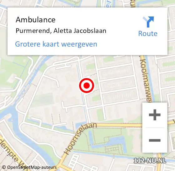 Locatie op kaart van de 112 melding: Ambulance Purmerend, Aletta Jacobslaan op 20 september 2024 11:44