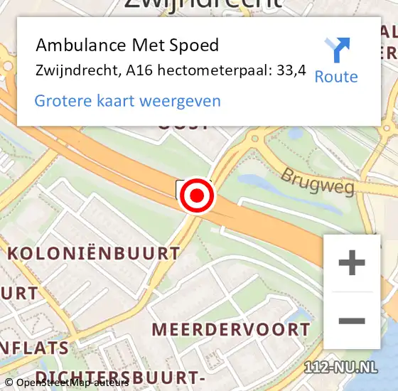 Locatie op kaart van de 112 melding: Ambulance Met Spoed Naar Zwijndrecht, A16 hectometerpaal: 33,4 op 20 september 2024 12:04