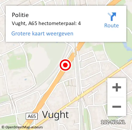 Locatie op kaart van de 112 melding: Politie Vught, A65 hectometerpaal: 4 op 20 september 2024 13:46