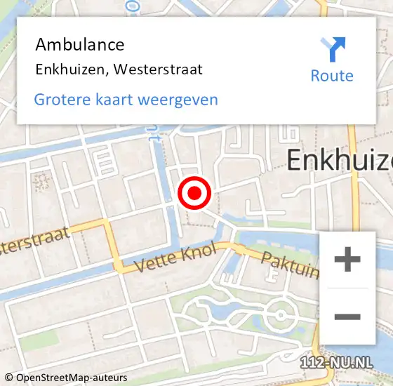 Locatie op kaart van de 112 melding: Ambulance Enkhuizen, Westerstraat op 20 september 2024 14:23