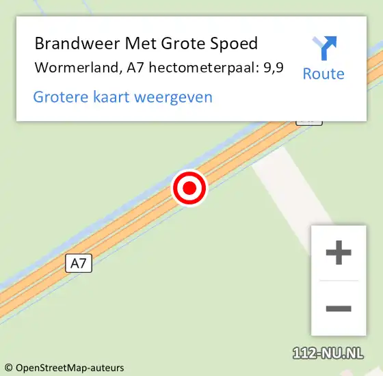 Locatie op kaart van de 112 melding: Brandweer Met Grote Spoed Naar Wormerland, A7 hectometerpaal: 9,9 op 20 september 2024 14:45