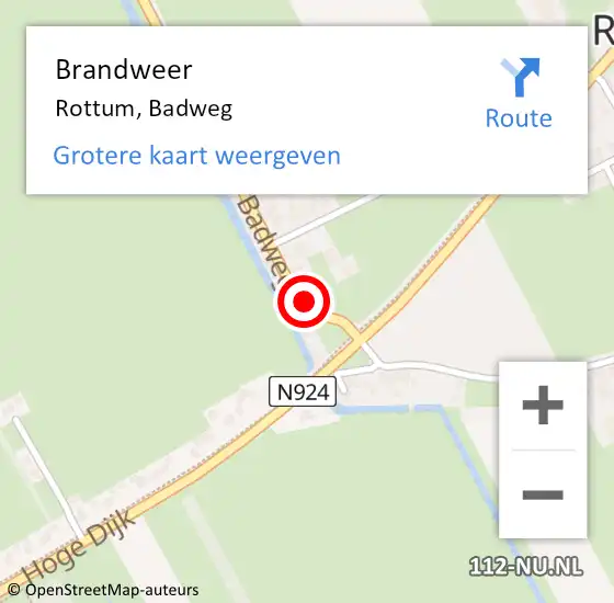 Locatie op kaart van de 112 melding: Brandweer Rottum, Badweg op 20 september 2024 15:01