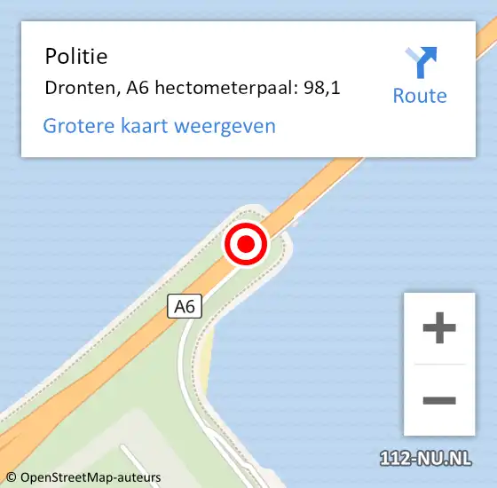 Locatie op kaart van de 112 melding: Politie Dronten, A6 hectometerpaal: 98,1 op 20 september 2024 15:04