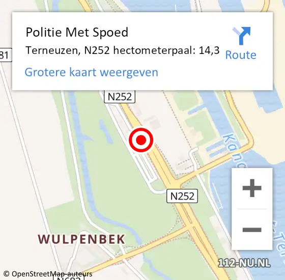 Locatie op kaart van de 112 melding: Politie Met Spoed Naar Terneuzen, N252 hectometerpaal: 14,3 op 20 september 2024 15:15