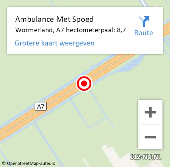 Locatie op kaart van de 112 melding: Ambulance Met Spoed Naar Wormerland, A7 hectometerpaal: 8,7 op 20 september 2024 15:31