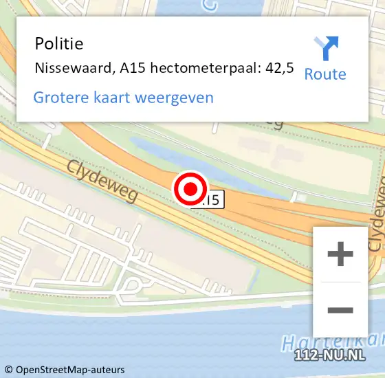 Locatie op kaart van de 112 melding: Politie Nissewaard, A15 hectometerpaal: 42,5 op 20 september 2024 16:17