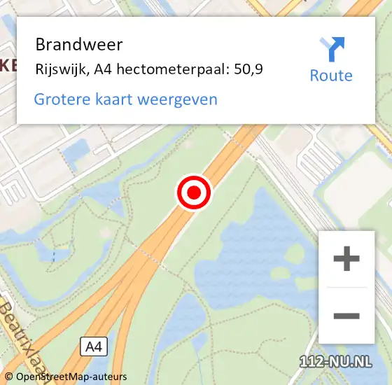 Locatie op kaart van de 112 melding: Brandweer Rijswijk, A4 hectometerpaal: 50,9 op 20 september 2024 16:30