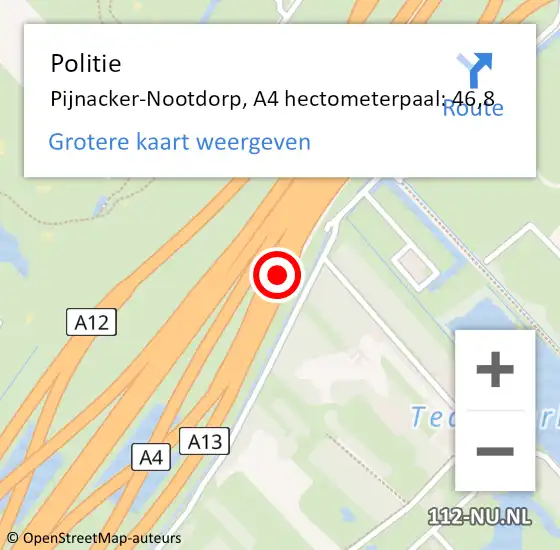 Locatie op kaart van de 112 melding: Politie Pijnacker-Nootdorp, A4 hectometerpaal: 46,8 op 20 september 2024 16:36