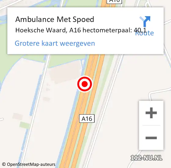 Locatie op kaart van de 112 melding: Ambulance Met Spoed Naar Hoeksche Waard, A16 hectometerpaal: 40,1 op 20 september 2024 16:40