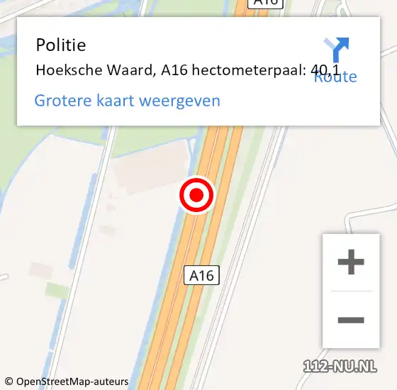 Locatie op kaart van de 112 melding: Politie Hoeksche Waard, A16 hectometerpaal: 40,1 op 20 september 2024 16:40