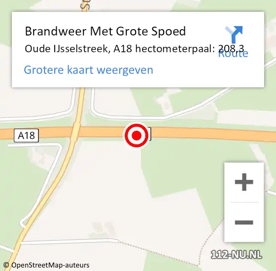 Locatie op kaart van de 112 melding: Brandweer Met Grote Spoed Naar Oude IJsselstreek, A18 hectometerpaal: 208,3 op 20 september 2024 17:54