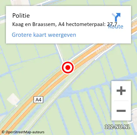 Locatie op kaart van de 112 melding: Politie Kaag en Braassem, A4 hectometerpaal: 27,7 op 20 september 2024 20:43