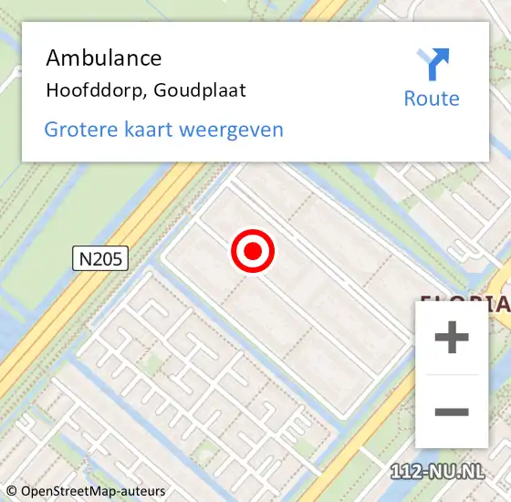 Locatie op kaart van de 112 melding: Ambulance Hoofddorp, Goudplaat op 20 september 2024 21:52