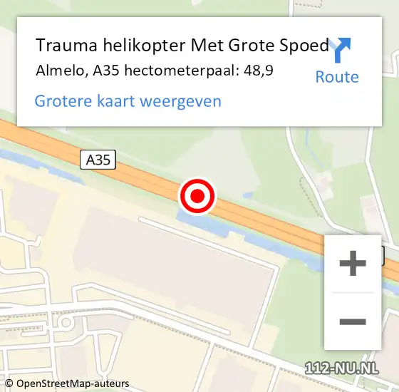 Locatie op kaart van de 112 melding: Trauma helikopter Met Grote Spoed Naar Almelo, A35 hectometerpaal: 48,9 op 20 september 2024 21:56