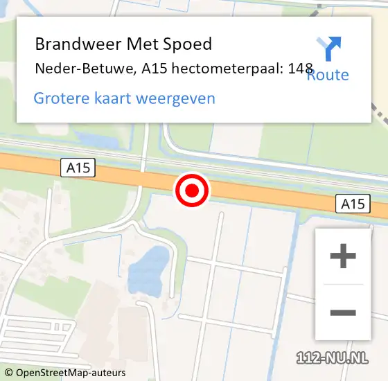 Locatie op kaart van de 112 melding: Brandweer Met Spoed Naar Neder-Betuwe, A15 hectometerpaal: 148 op 20 september 2024 22:04