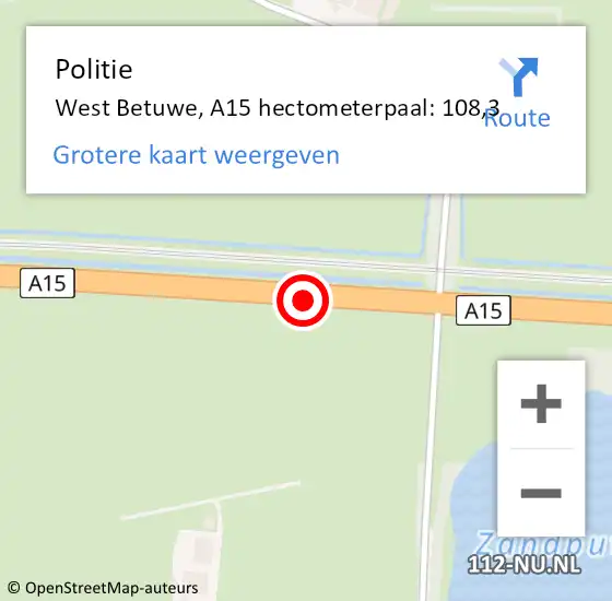 Locatie op kaart van de 112 melding: Politie West Betuwe, A15 hectometerpaal: 108,3 op 21 september 2024 03:30