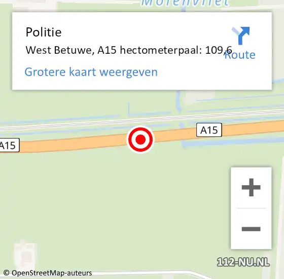 Locatie op kaart van de 112 melding: Politie West Betuwe, A15 hectometerpaal: 109,6 op 21 september 2024 03:31