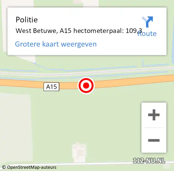 Locatie op kaart van de 112 melding: Politie West Betuwe, A15 hectometerpaal: 109,3 op 21 september 2024 03:31