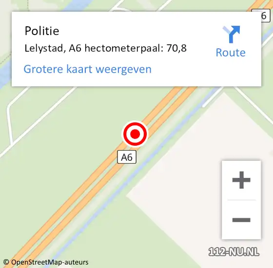 Locatie op kaart van de 112 melding: Politie Lelystad, A6 hectometerpaal: 70,8 op 21 september 2024 05:22