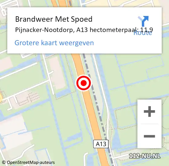 Locatie op kaart van de 112 melding: Brandweer Met Spoed Naar Pijnacker-Nootdorp, A13 hectometerpaal: 11,9 op 21 september 2024 07:15