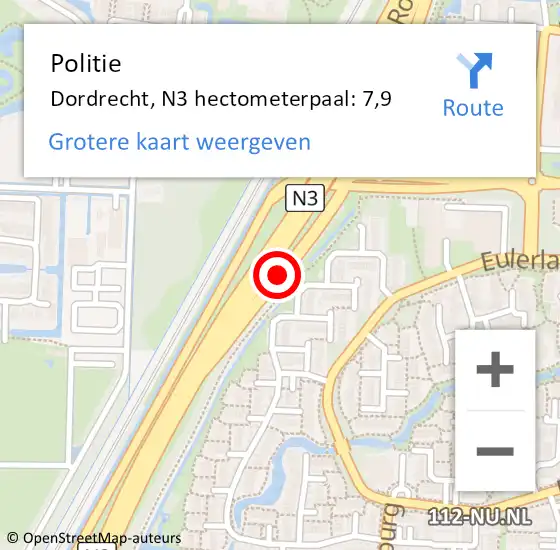 Locatie op kaart van de 112 melding: Politie Dordrecht, N3 hectometerpaal: 7,9 op 21 september 2024 07:36