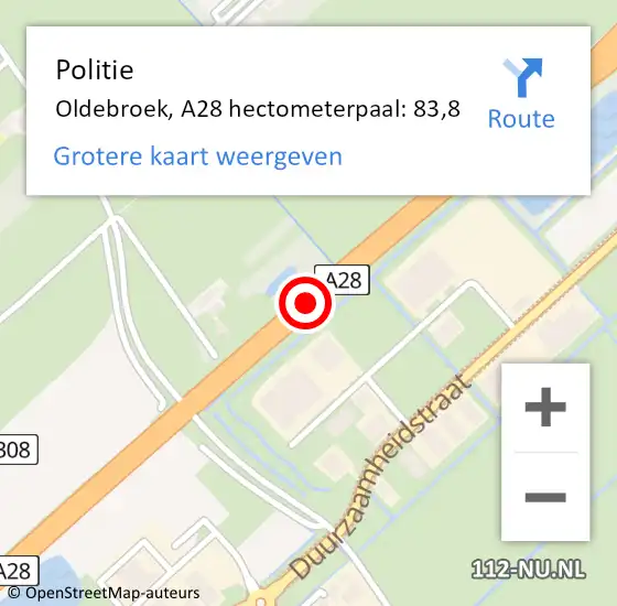 Locatie op kaart van de 112 melding: Politie Oldebroek, A28 hectometerpaal: 83,8 op 21 september 2024 08:05