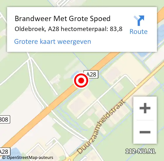 Locatie op kaart van de 112 melding: Brandweer Met Grote Spoed Naar Oldebroek, A28 hectometerpaal: 83,8 op 21 september 2024 08:08