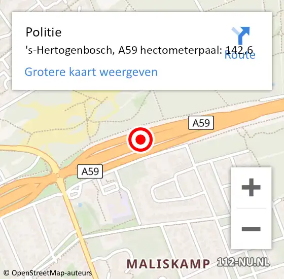 Locatie op kaart van de 112 melding: Politie 's-Hertogenbosch, A59 hectometerpaal: 142,6 op 21 september 2024 09:55