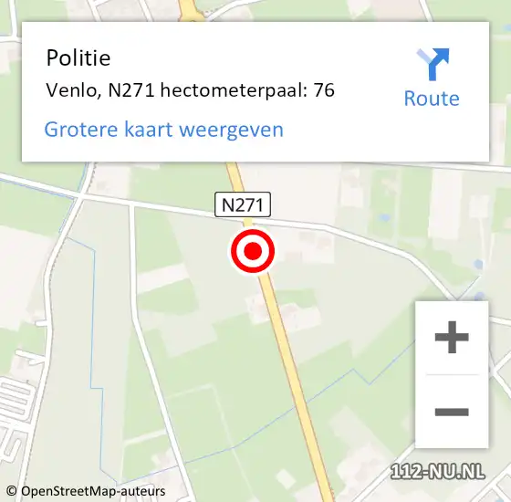 Locatie op kaart van de 112 melding: Politie Venlo, N271 hectometerpaal: 76 op 21 september 2024 09:59