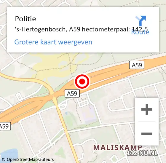 Locatie op kaart van de 112 melding: Politie 's-Hertogenbosch, A59 hectometerpaal: 142,5 op 21 september 2024 10:22