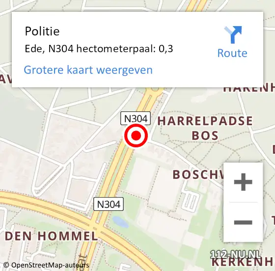 Locatie op kaart van de 112 melding: Politie Ede, N304 hectometerpaal: 0,3 op 21 september 2024 11:03