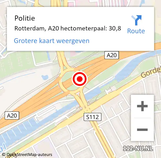 Locatie op kaart van de 112 melding: Politie Rotterdam, A20 hectometerpaal: 30,8 op 21 september 2024 12:10