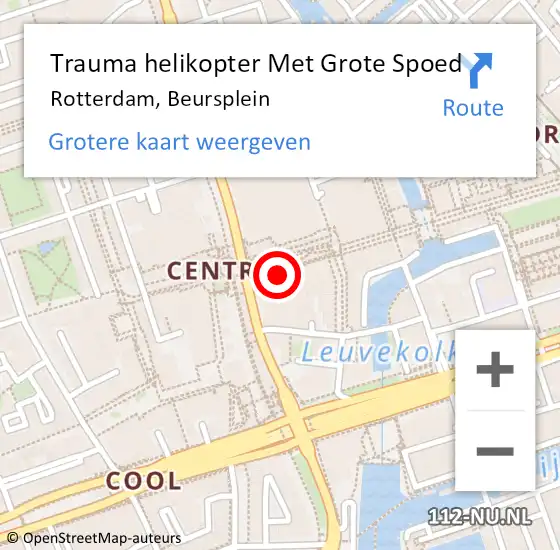 Locatie op kaart van de 112 melding: Trauma helikopter Met Grote Spoed Naar Rotterdam, Beursplein op 21 september 2024 12:18