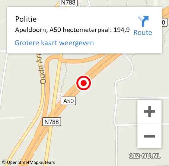 Locatie op kaart van de 112 melding: Politie Apeldoorn, A50 hectometerpaal: 194,9 op 21 september 2024 13:25