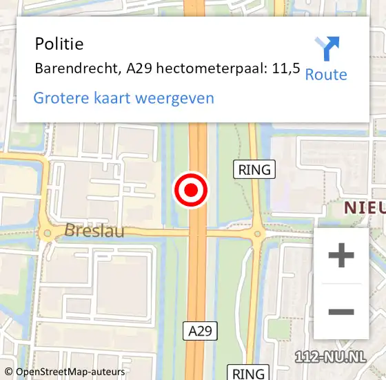 Locatie op kaart van de 112 melding: Politie Barendrecht, A29 hectometerpaal: 11,5 op 21 september 2024 14:17