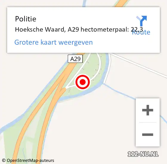 Locatie op kaart van de 112 melding: Politie Hoeksche Waard, A29 hectometerpaal: 22,3 op 21 september 2024 14:17