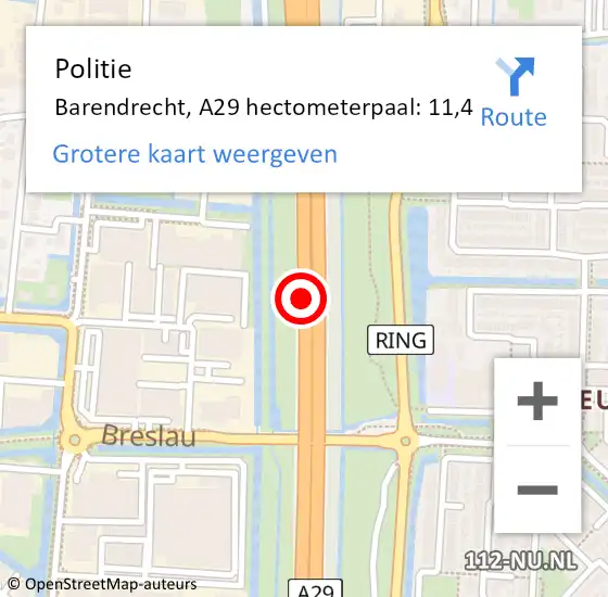 Locatie op kaart van de 112 melding: Politie Barendrecht, A29 hectometerpaal: 11,4 op 21 september 2024 14:17