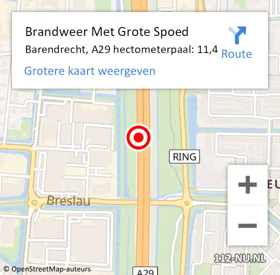 Locatie op kaart van de 112 melding: Brandweer Met Grote Spoed Naar Barendrecht, A29 hectometerpaal: 11,4 op 21 september 2024 14:18