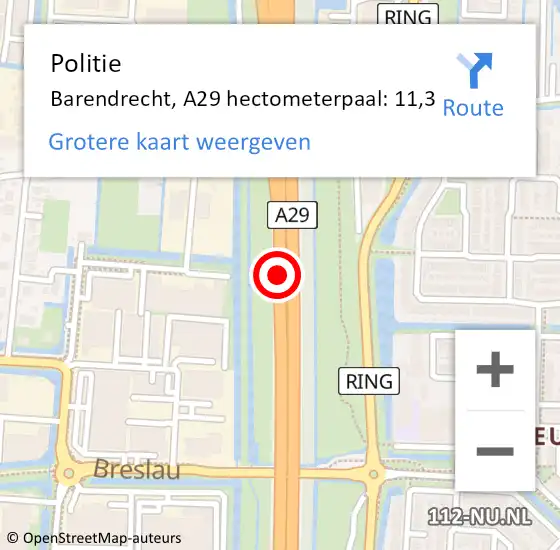 Locatie op kaart van de 112 melding: Politie Barendrecht, A29 hectometerpaal: 11,3 op 21 september 2024 14:20