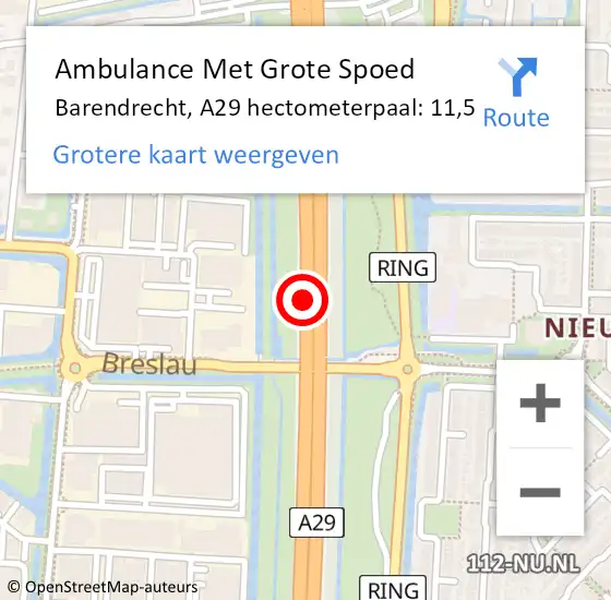 Locatie op kaart van de 112 melding: Ambulance Met Grote Spoed Naar Barendrecht, A29 hectometerpaal: 11,5 op 21 september 2024 14:42