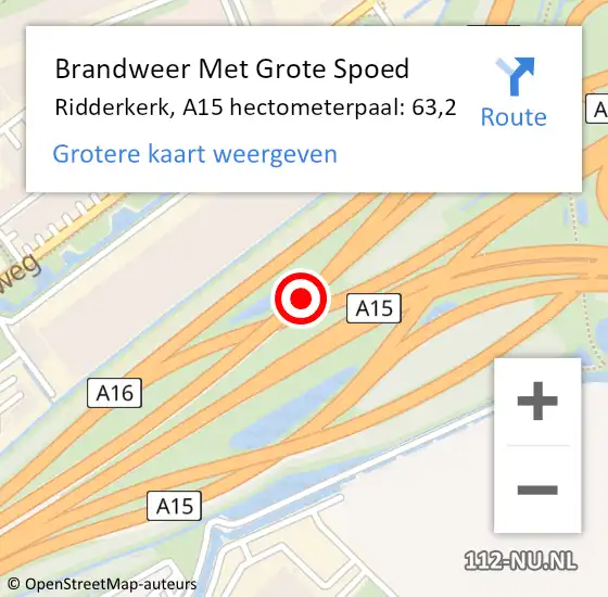 Locatie op kaart van de 112 melding: Brandweer Met Grote Spoed Naar Ridderkerk, A15 hectometerpaal: 63,2 op 21 september 2024 14:49