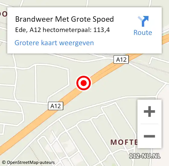 Locatie op kaart van de 112 melding: Brandweer Met Grote Spoed Naar Ede, A12 hectometerpaal: 113,4 op 21 september 2024 15:41