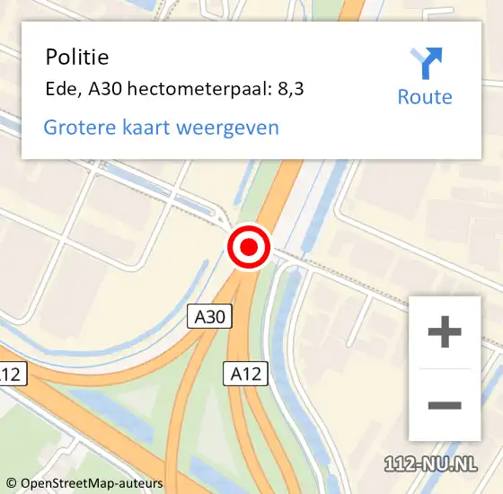 Locatie op kaart van de 112 melding: Politie Ede, A30 hectometerpaal: 8,3 op 21 september 2024 15:41