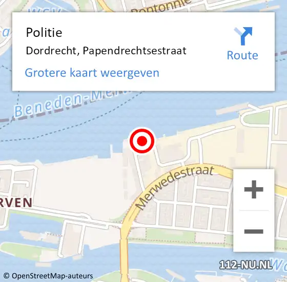 Locatie op kaart van de 112 melding: Politie Dordrecht, Papendrechtsestraat op 21 september 2024 16:16